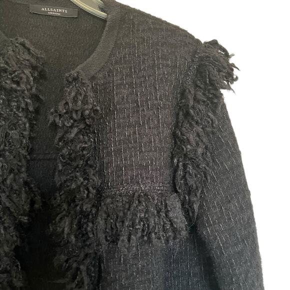 All Saints Ashley Black Tassel Tweed Open Wool Jacket Size Medium - Picture 4 of 11